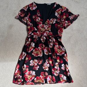 Black Floral Flutter Sleeve Dress with Red & Pink Blooms